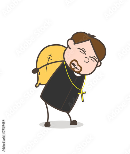 Comic Priest Carrying Heavy Weight Sack Vector