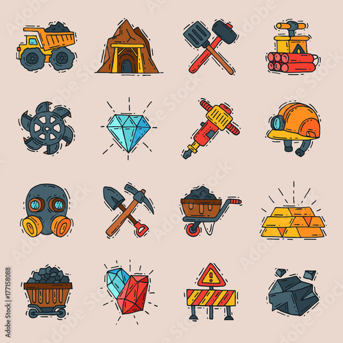 Coal engineering mining industry work business construction factory line mine icons vector illustration.