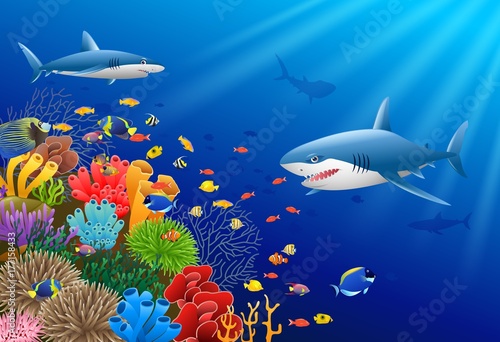 Cartoon shark with Coral Reef Underwater in Ocean Vector illustration