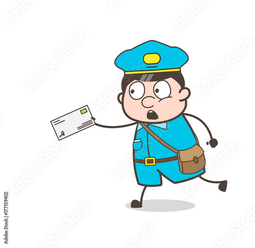 Comic Mailman Running in Hurry to Deliver Letter