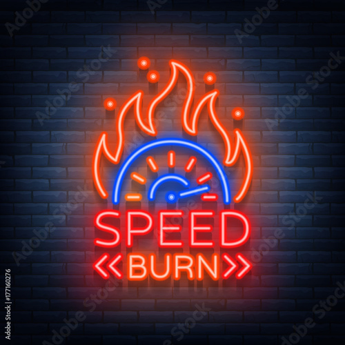 Speed burn logo emblem template vector logo in neon style. A glowing sign on the theme of the races. Neon sign, light banner