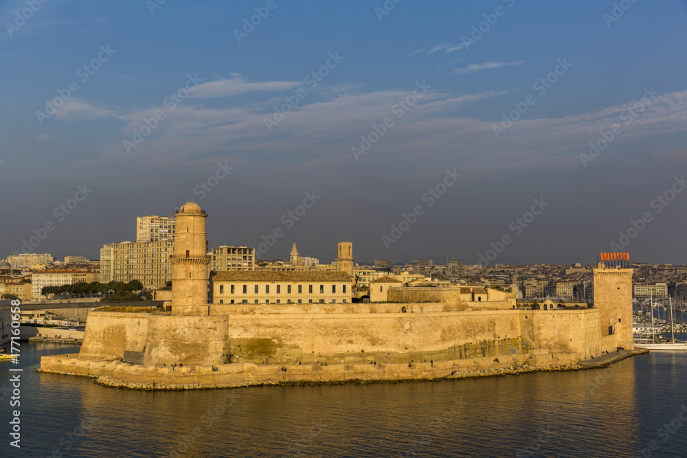 Sunset view of Fort Saint-Jean in Marseille, France