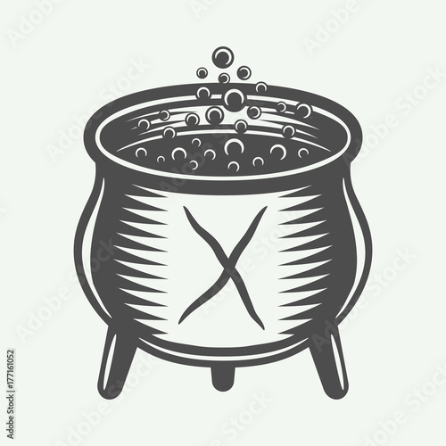 Vintage halloween cauldron in retro style. Monochrome Graphic Art. Vector Illustration.