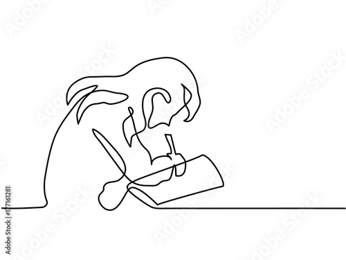 Continuous line drawing. Girl writes in notebook. Vector illustration. Total editable, choose thickness and place of line