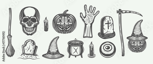 Big vintage halloween set of broom, skull, pumpkin, hand, graves, scythe, with's hat, cauldron, candle, eye in retro style. Monochrome Graphic Art. Vector Illustration.