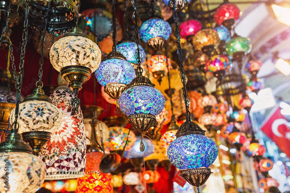 Colourful mosaic vintage turkish lamps as souvenir in local market