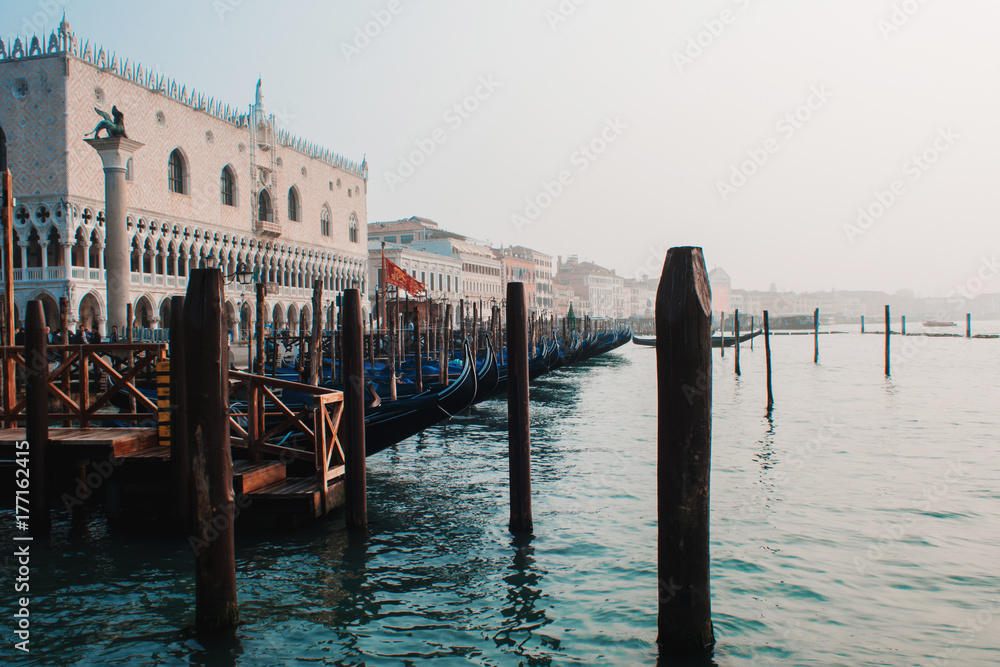 Venice, Italy. Gondolas at the pier View of the Piazza San Marco and columns