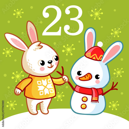 Vector christmas advent calendar in childrens style. Cute bunny and snowman cartoon style standing on a snowy meadow.