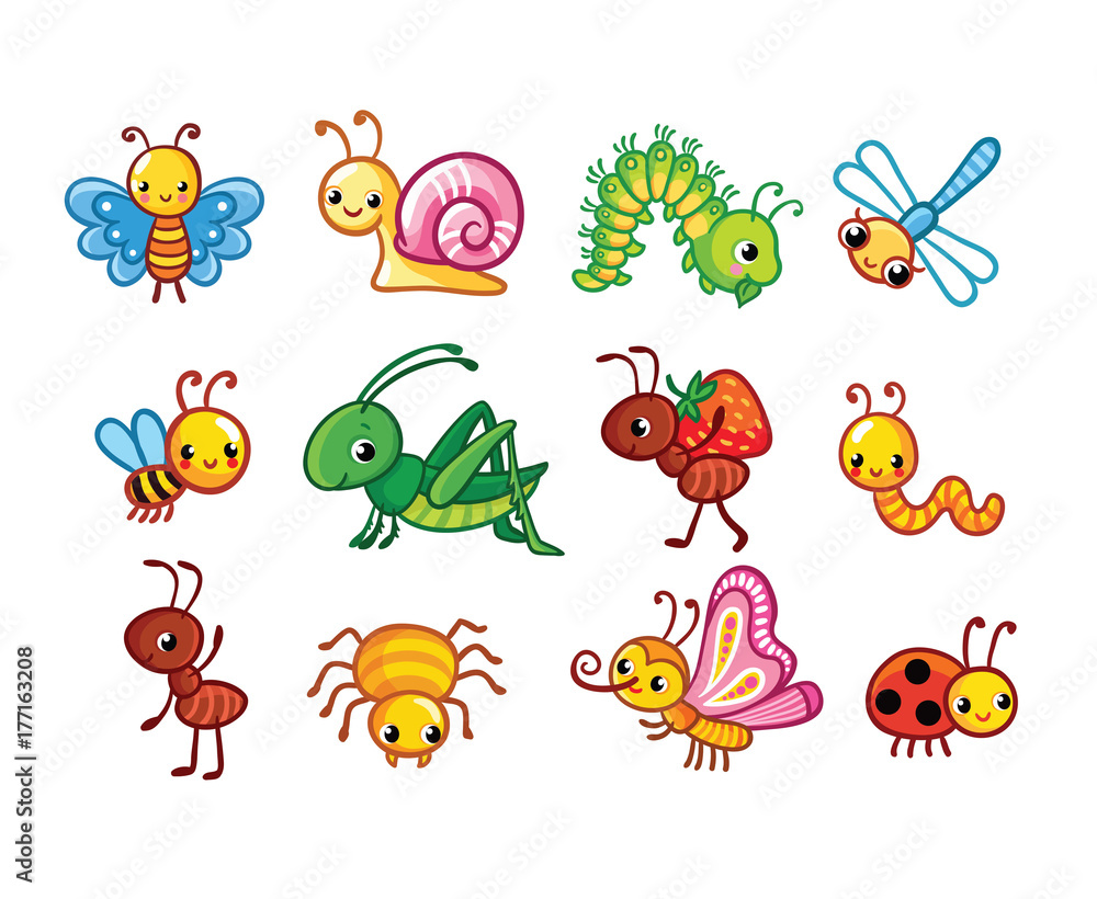 Fototapeta premium Set of vector insects. Collection of insects in a cartoon style.