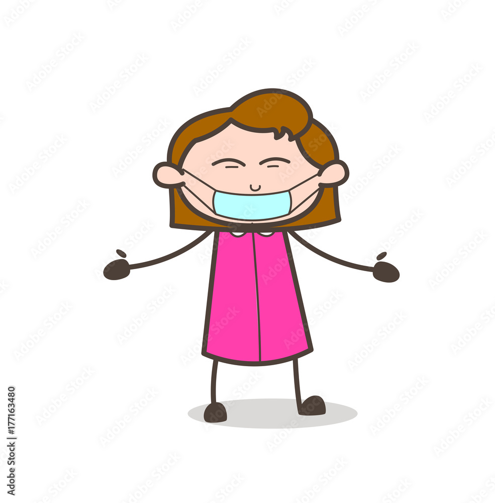 Comic Young Woman with Medical-Mask on Face Vector Comic Young Woman with Medical-Mask on Face Vector