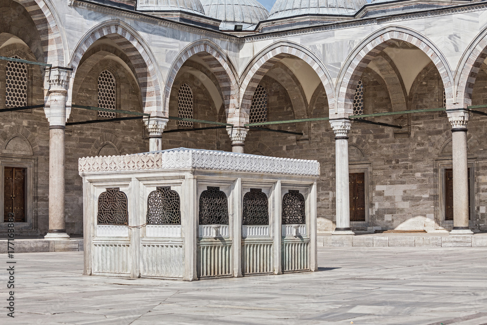 court yard of the famous landmark Suleymaniye Mosque in hostorical centre Istanbul, Turkey