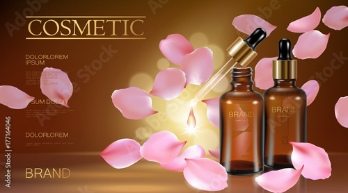 3d realistic flower natural organic cosmetic ad. Rose pink petal brown glass serum essence face oil droplet care. Bottle pipette golden promotional poster template vector illustration