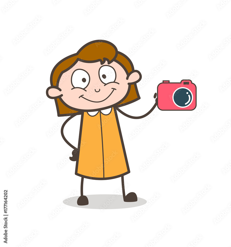 Cartoon Salesgirl Showing a Digital Camera for Sale Cartoon Salesgirl Showing a Digital Camera for Sale