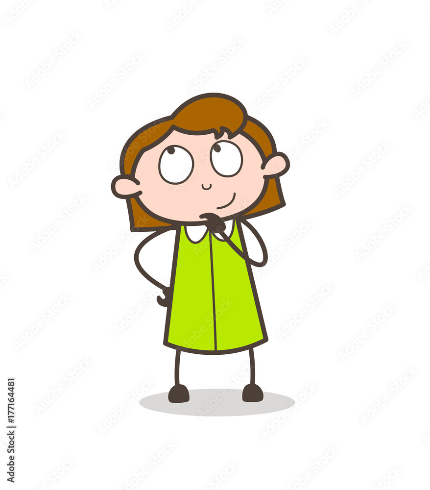 Cartoon Young Girl Thinking Face Vector