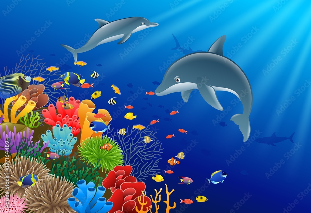 Fototapeta premium Dolphin cartoon with underwater view and coral background. Vector Illustration.