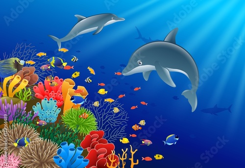 Fototapeta Naklejka Na Ścianę i Meble -  Dolphin cartoon with underwater view and coral background. Vector Illustration.