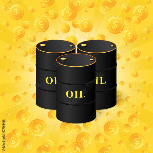Black oil barrels. Fall gold coins. Vector illustration