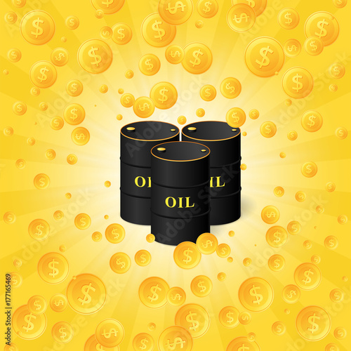 Black oil barrels. Fall gold coins. Vector illustration
