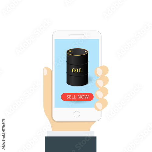 Concept of a mobile application. In hand a smartphone, and on the screen an oil barrel with a sell now button. Vector illustration