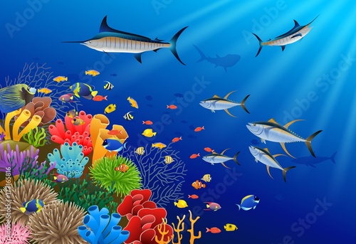 Blue Marlin Fish Swimming Under Water Cartoon Animal Character. Vector Illustration.