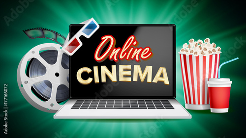 Online Cinema Poster Vector. Modern Laptop Concept. Home Online Cinema. Package Full Of Jumping Popcorn. Luxury Banner, Poster Illustration.