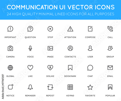 Communication User Interface (UI) Vector Icon Set. High Quality Minimal Lined Icons for All Purposes.