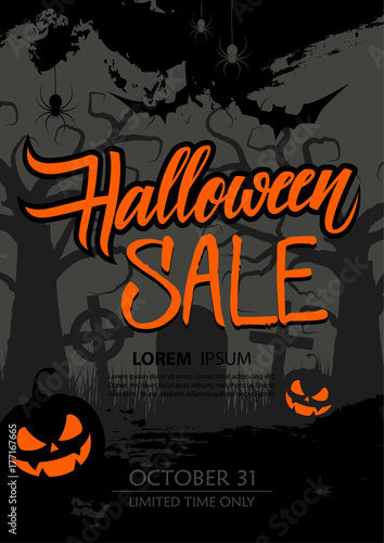 Halloween Sale special offer poster with hand drawn lettering, brush stroke and traditional holiday spooky symbols. Vector illustration.