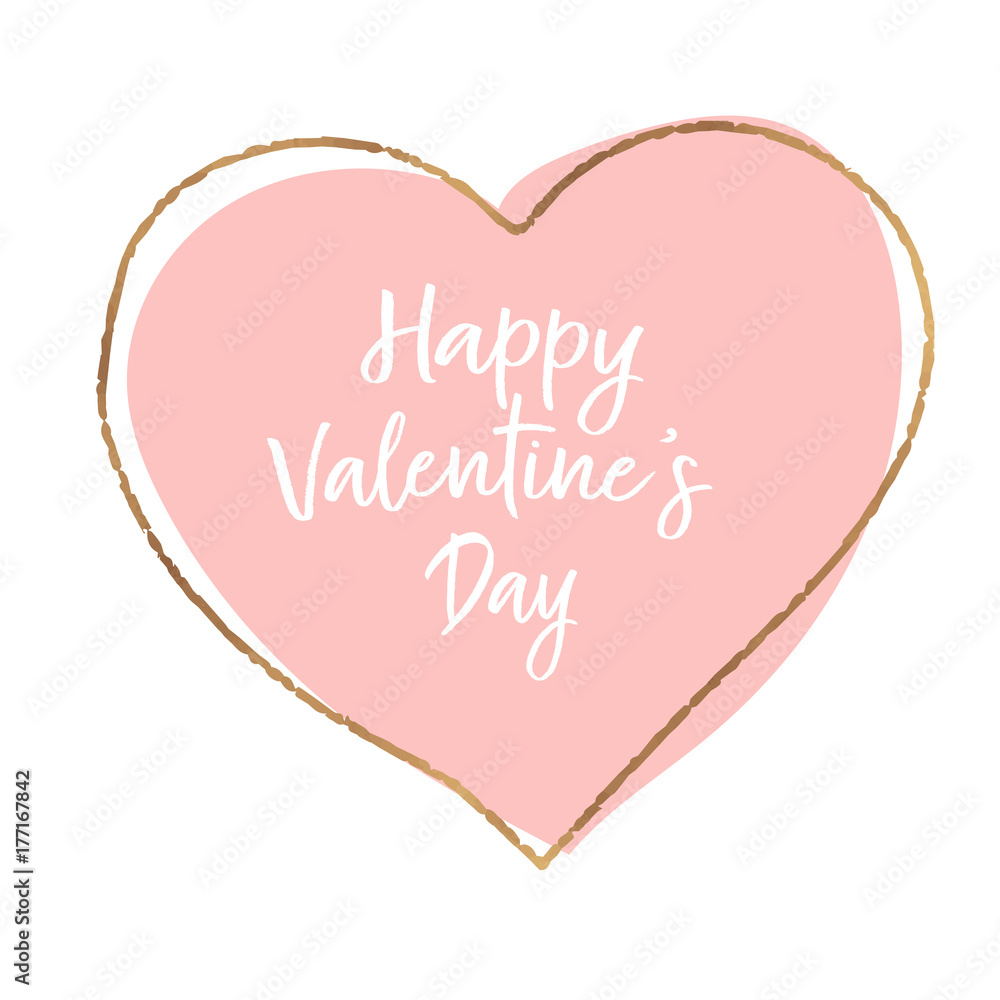 Happy Valentines Day Hand Drawing Vector Lettering design, gold heart and pink