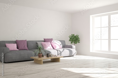 Idea of white minimalist room with sofa. Scandinavian interior design. 3D illustration