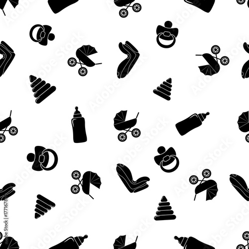 Child seamless black and white pattern with pram, baby car seat, nipple, baby bottle, pyramid.