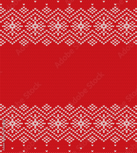 Knit christmas geometric ornament design. Xmas seamless pattern. Knitted winter red color sweater texture.
