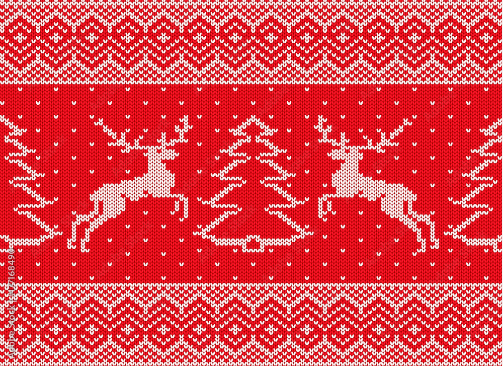 Knitted christmas ornament with deers and christmas tree. Xmas seamless pattern. Knit winter red color sweater texture. Knitted christmas ornament with deers and christmas tree. Xmas seamless pattern. Knit winter red color sweater texture.