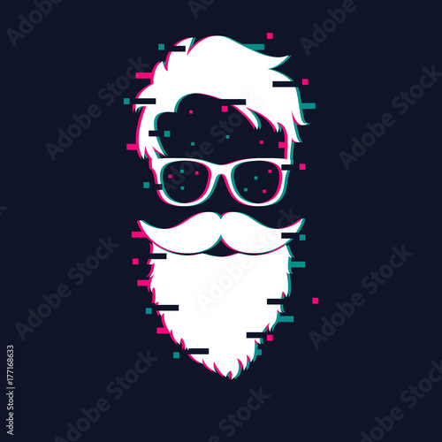 Happy New Year and Merry Christmas. Distorted glitch illustration of Santa Claus. Hipster Santa in sunglasses and with fashionable hairstyle. Vector illustration.