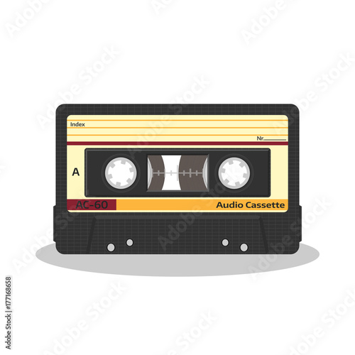 Retro audio cassette isolated on a white background. Vintage style music storage icon. Old record player tape.