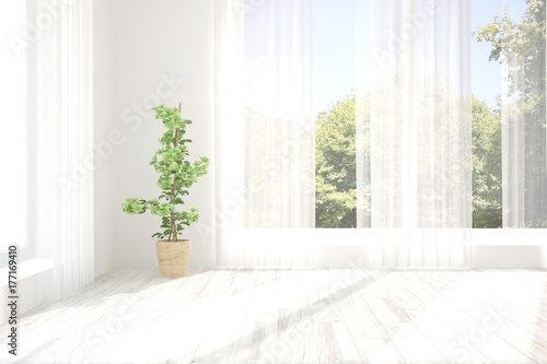 White empty room with summer landscape in window. Scandinavian interior design. 3D illustration