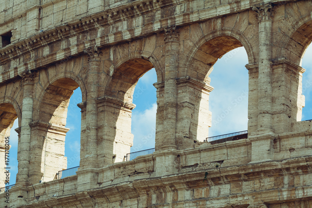 View of arches of Colosseum, Rome.