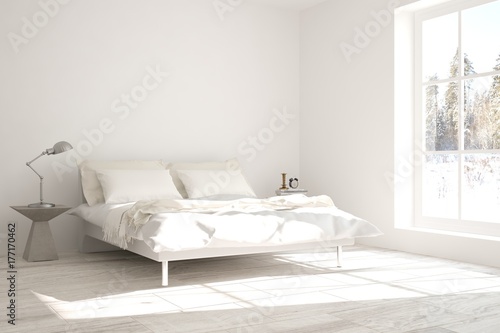 Idea of white minimalist bedroom. Scandinavian interior design. 3D illustration