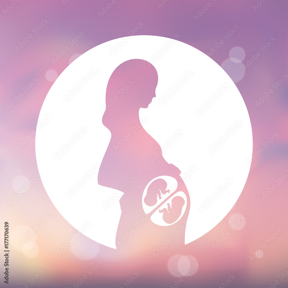 Pink silhouette of pregnant woman in a white circle. Multiple pregnancy. Dizygotic twins, embryos. Illustration for web or typography, magazine, brochure, flyer, poster. Blurred pink background