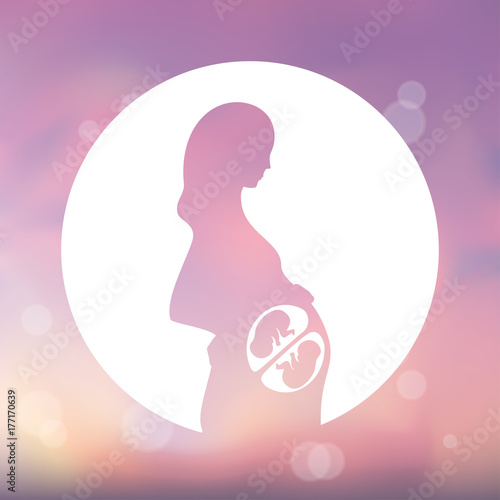 Pink silhouette of pregnant woman in a white circle. Multiple pregnancy. Dizygotic twins, embryos. Illustration for web or typography, magazine, brochure, flyer, poster. Blurred pink background