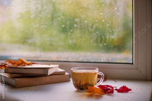 Beautiful autumn card. A window with raindrops. Books on the windowsill. Transparent cup with tea. Yellow and red autumn leaves. Place for your text