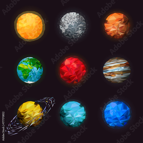 Abstract low poly set of isolated planets. Fantasy polygonal planets set on space background. Science astronomy of the solar planetary. Mars, saturn with rings, earth, Sun.