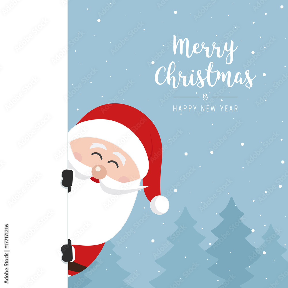santa claus behind side banner christmas greeting text winter landscape background santa claus behind side banner christmas greeting text winter landscape background