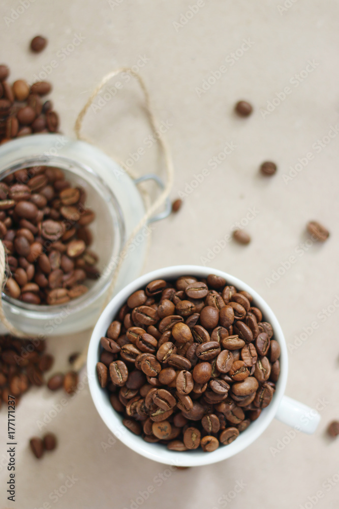 Coffee cup and beans brewing Coffee cup and beans brewing