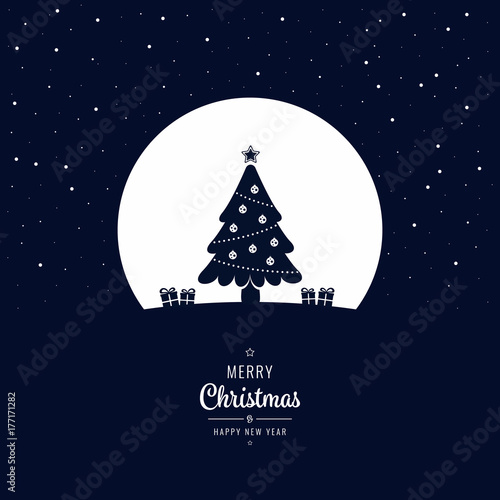 Christmas tree winter night greeting text big moon