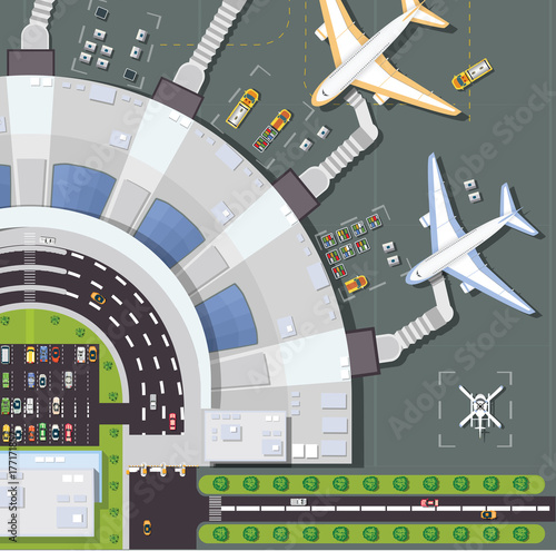 Overhead point of view airport with all the buildings, planes, vehicles and airport runway