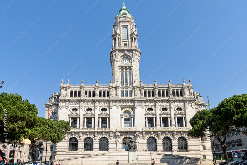 Historic city hall building in downtown Porto, Portugal