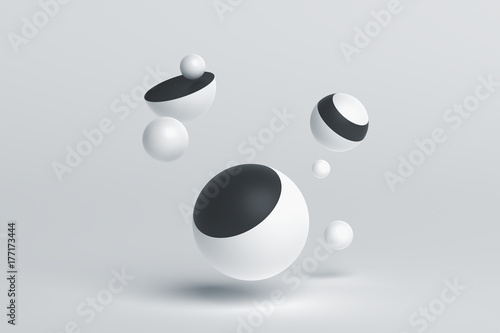 Abstract 3d rendering of geometric shapes. Composition with spheres. Modern background design for poster, cover, branding, banner, placard.