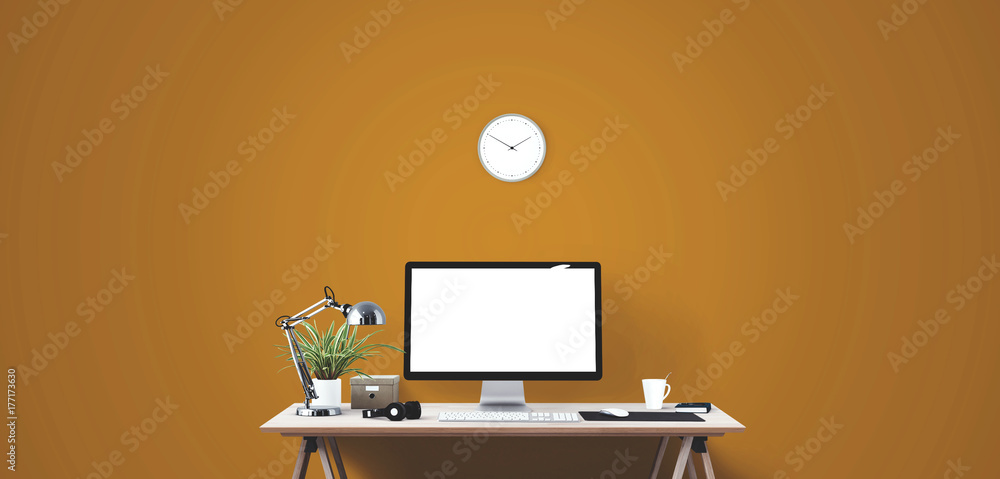 Computer display and office tools on desk. Desktop computer screen isolated. Modern creative workspace background. Front view. Computer display and office tools on desk. Desktop computer screen isolated. Modern creative workspace background. Front view.