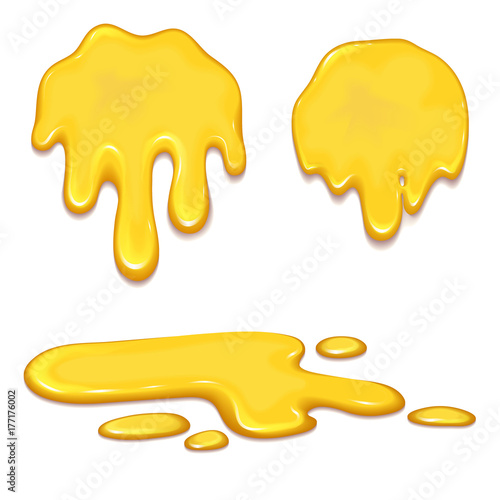 Set of orange honey drops and yellow splashes healthy syrup golden food liquid drip vector illustration.