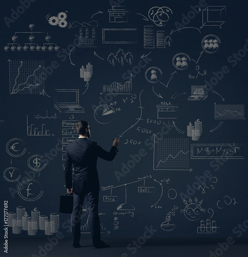 Businessman with briefcase.  Schematic background. Business and office, concept.